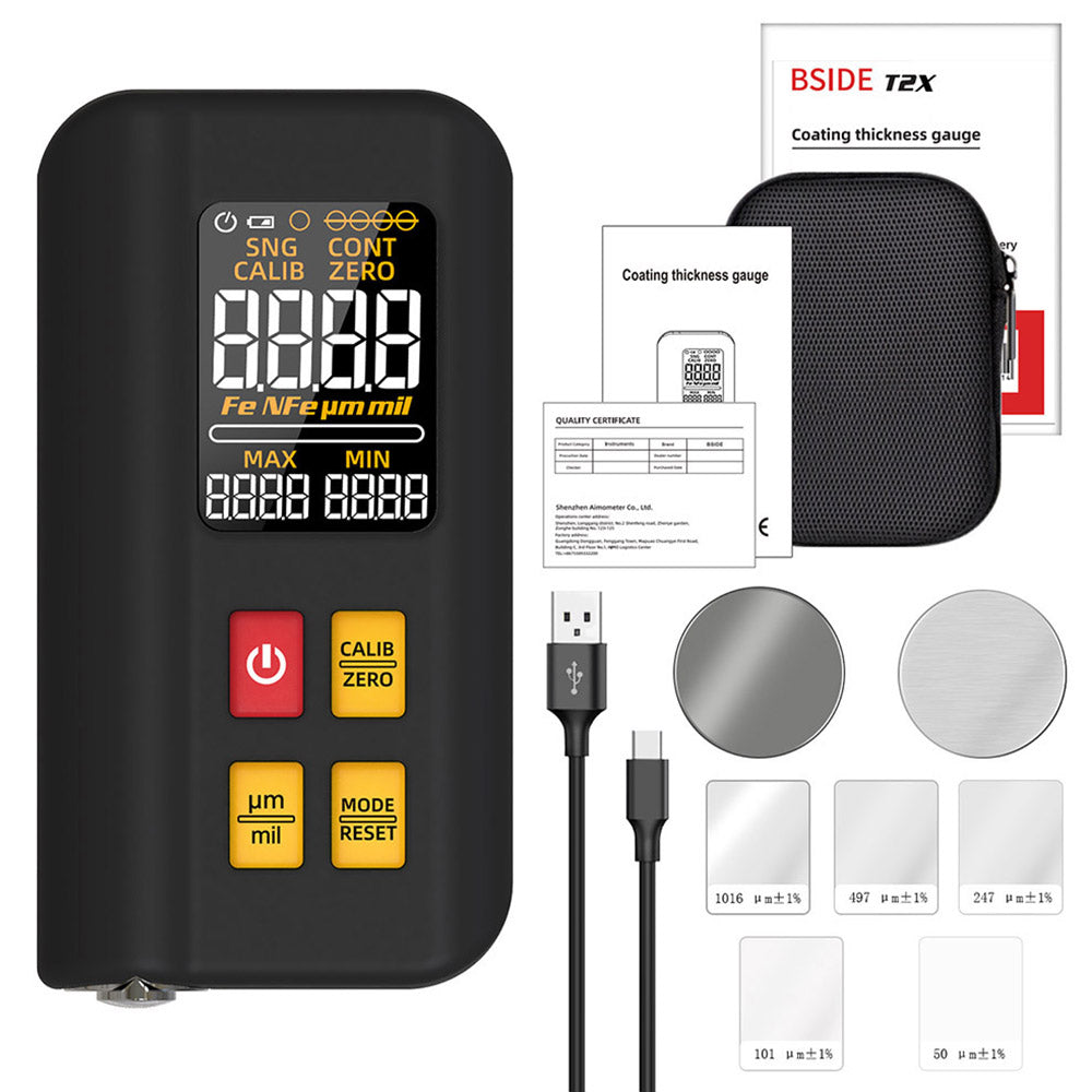 BSIDE T2X Coating Thickness Gauge – Color LCD, Rechargeable Paint Film Tester (0-1500μm)