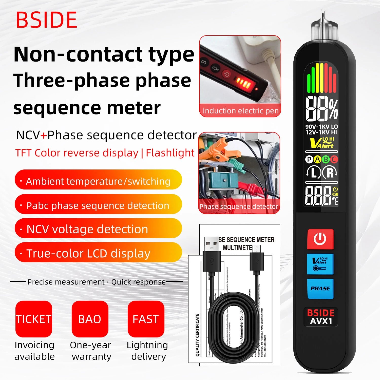 BSIDE AVX1 Phase Sequence Tester with Voltage & Temperature Detection
