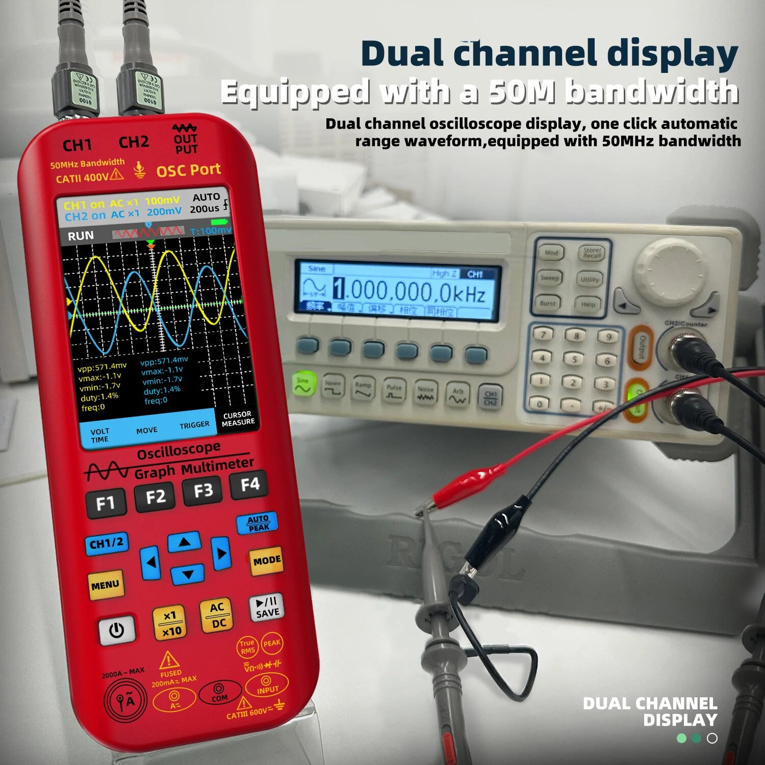 BSIDE O9 Dual Channel 50MHz Handheld Oscilloscope Multimeter Signal Generator