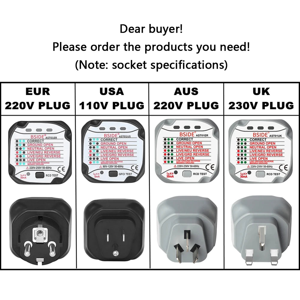BSIDE AST01 Socket Tester with RCD/GFCI & Polarity Check