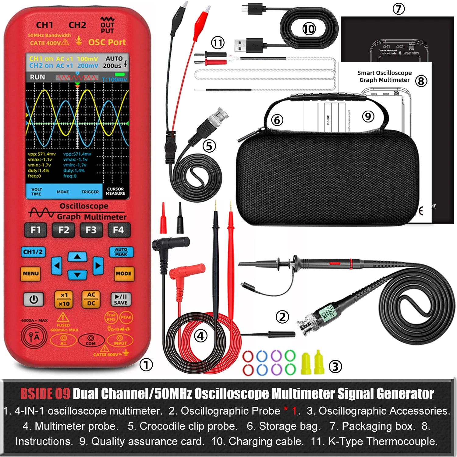 BSIDE 4-in-1 Oscilloscope Multimeter with Signal Generator