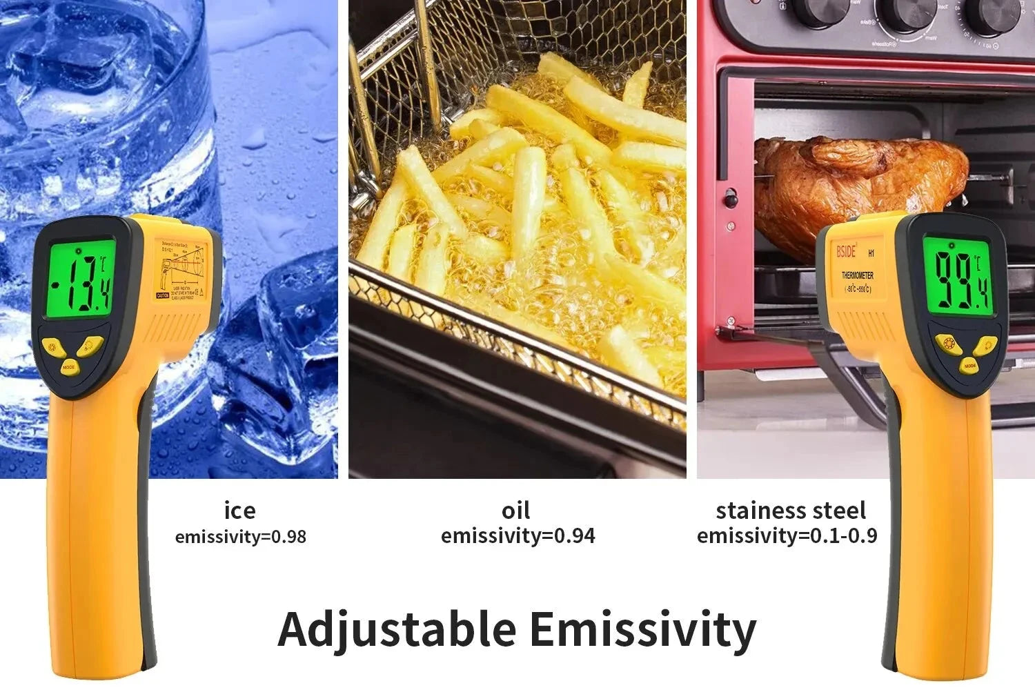 Two infrared thermometers measuring different temperatures with corresponding emissivity values.