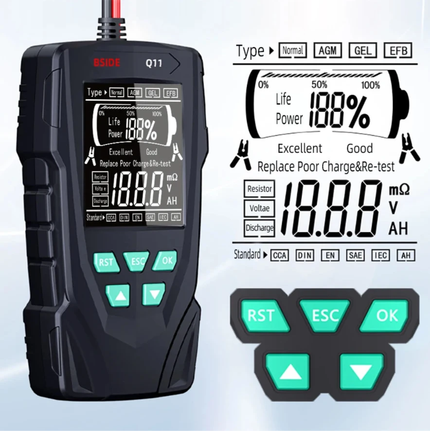 Digital multimeter with English display on a light blue background