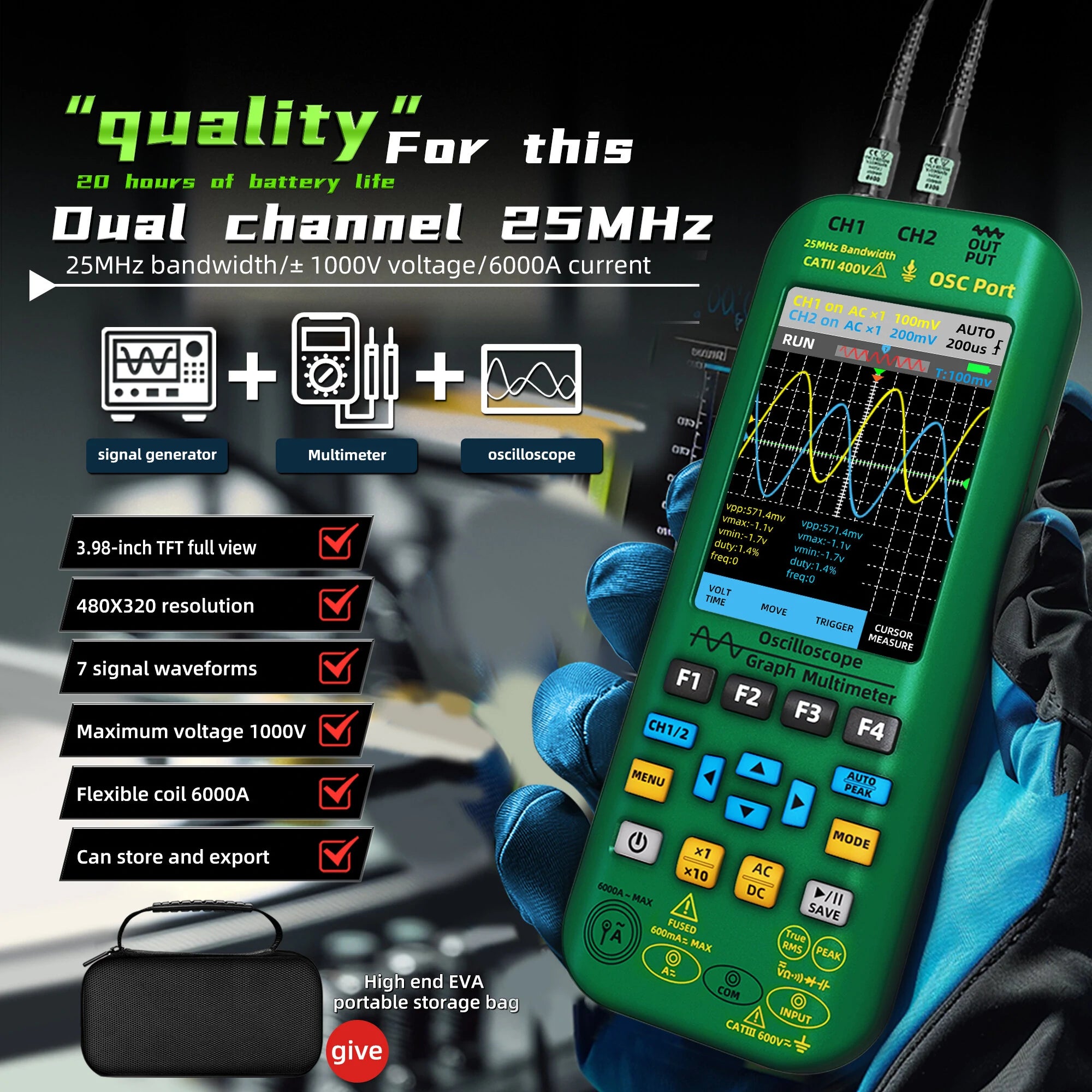 BSIDE O7 Handheld Oscilloscope 50MHz Dual Channel 4-in-1 Digital Multimeter with Function Generator & Current Tester