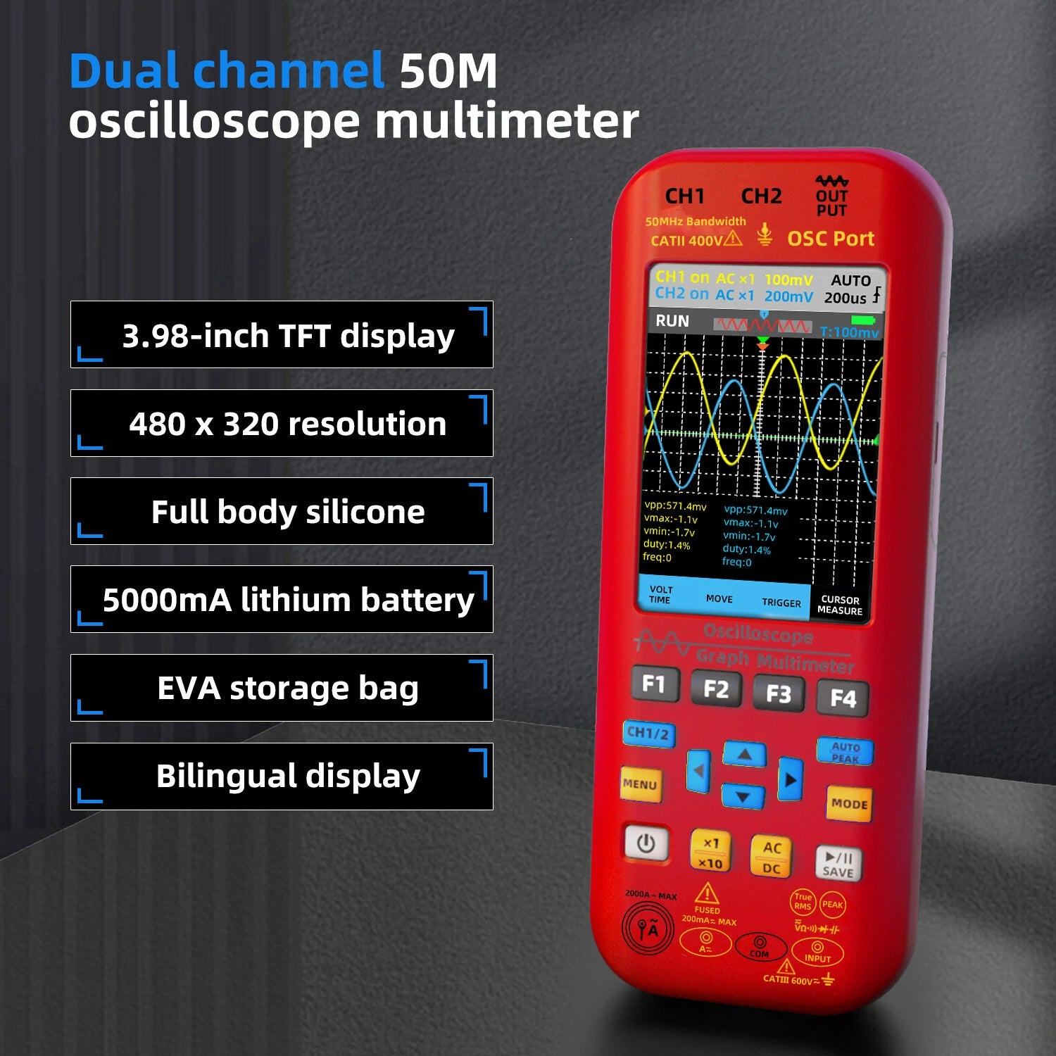 BSIDE O9 Dual Channel 50MHz Handheld Oscilloscope Multimeter Signal Generator