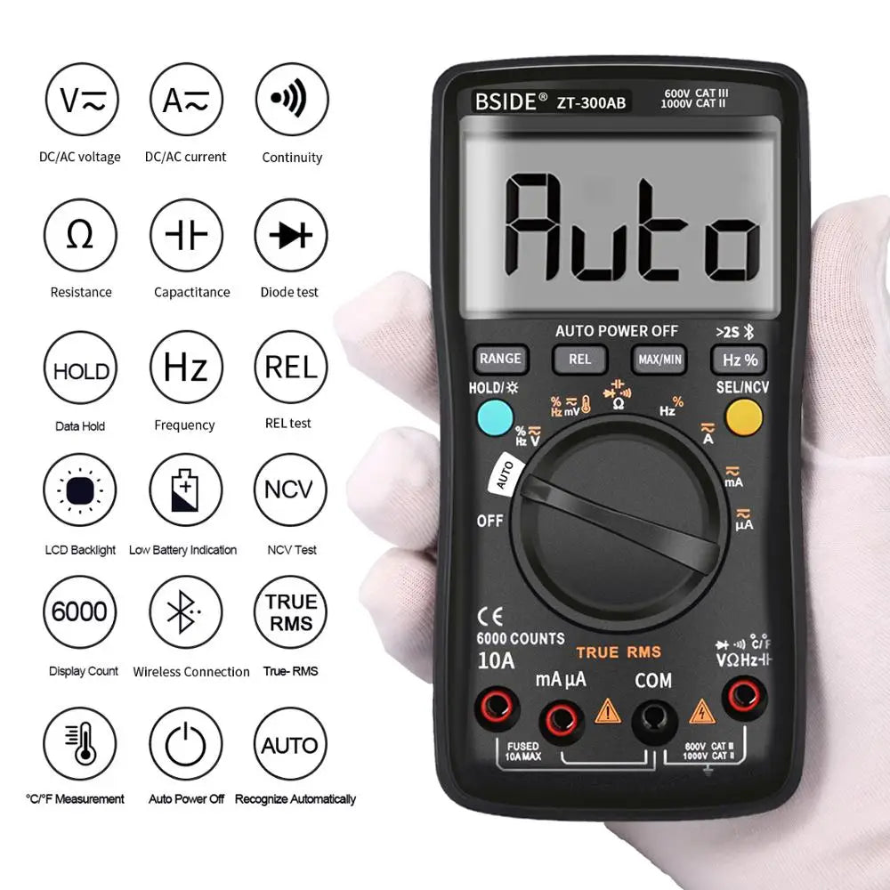 BSIDE ZT-300AB Digital Multimeter – Auto-Ranging True RMS Tester for AC/DC Voltage, Current, Resistance, and NCV