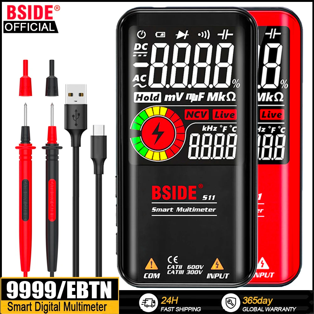 BSIDE S10 Smart Digital Multimeter - True RMS, Auto Range, AC/DC Voltage, Current, Resistance Tester