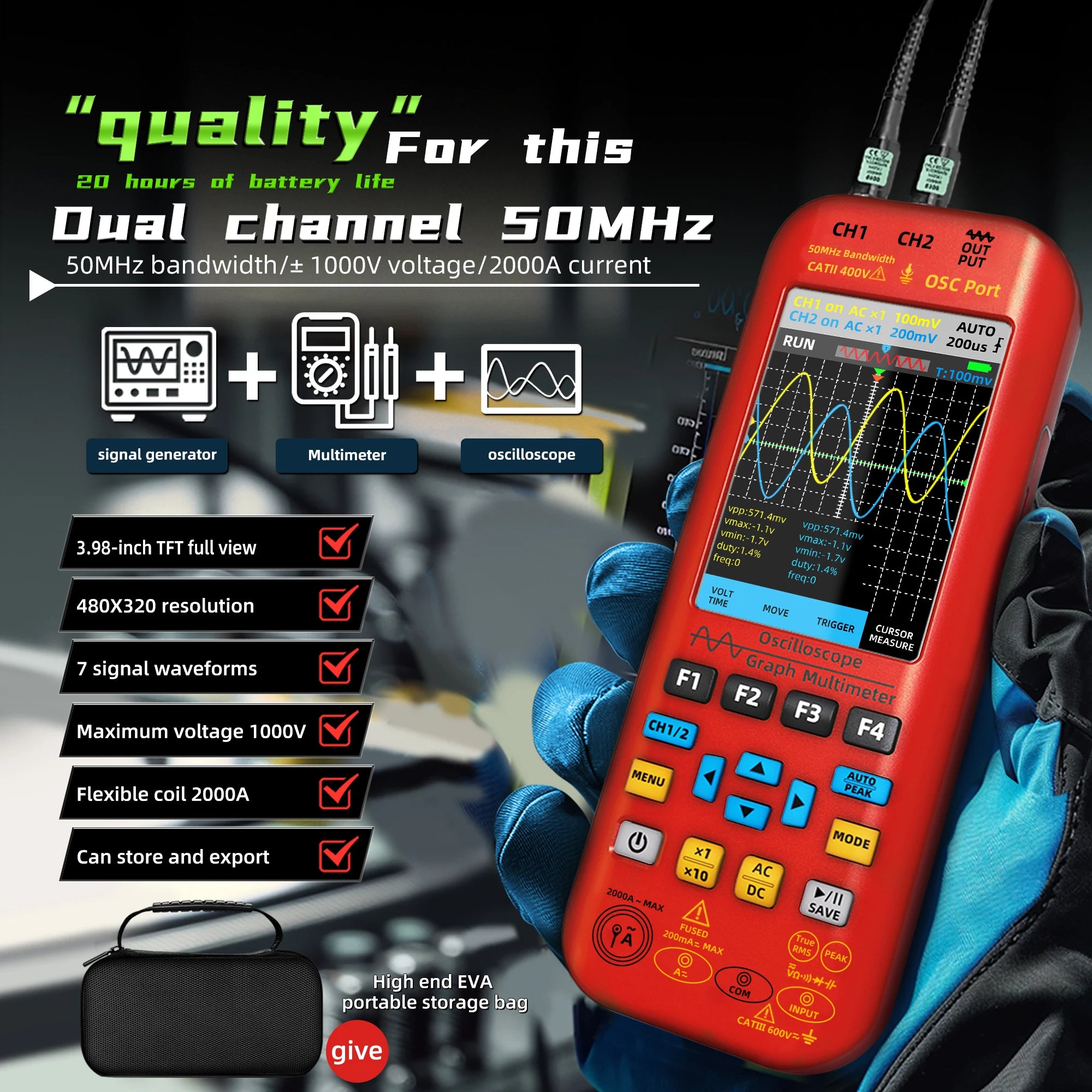 BSIDE 4-in-1 Oscilloscope Multimeter with Signal Generator