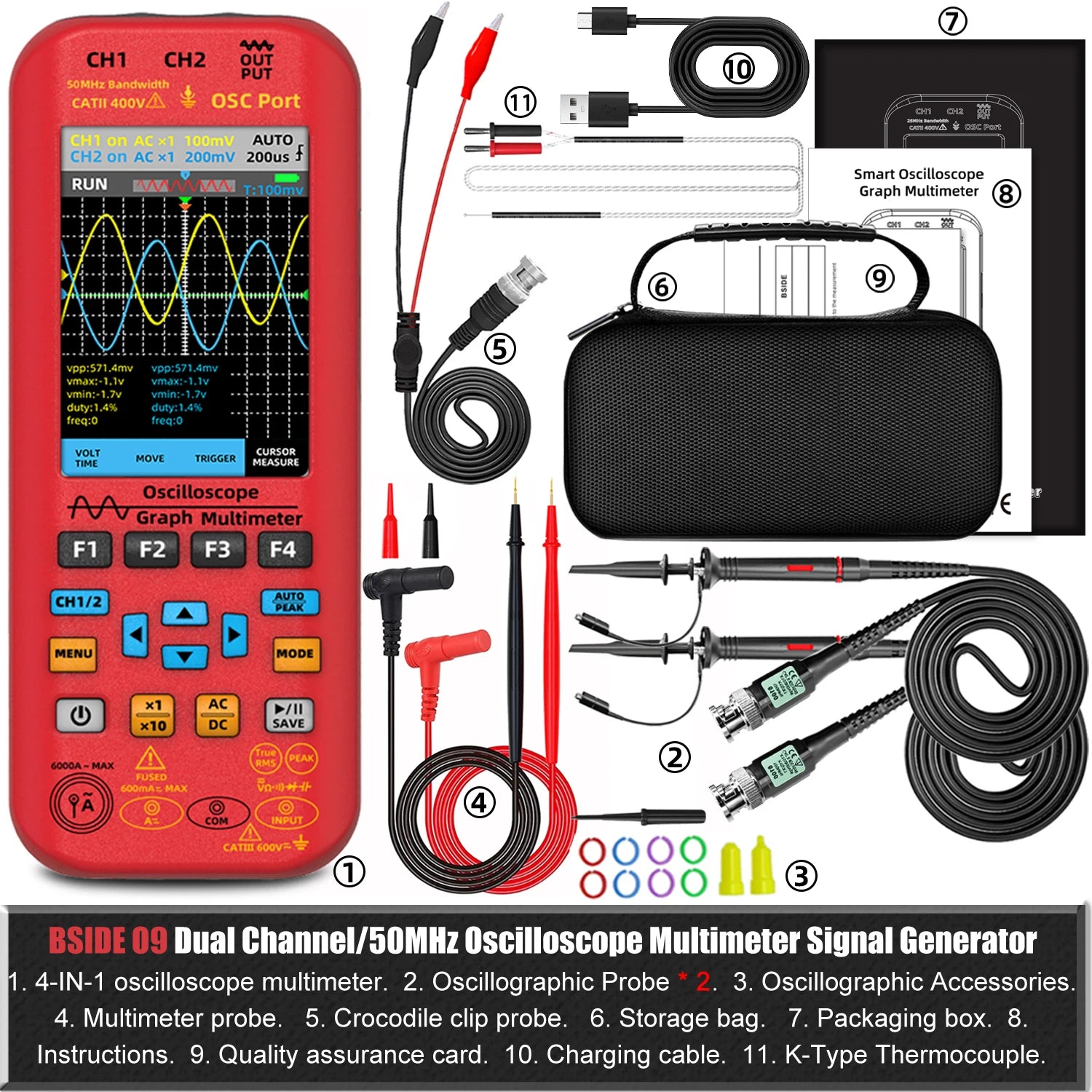 BSIDE 4-in-1 Oscilloscope Multimeter with Signal Generator