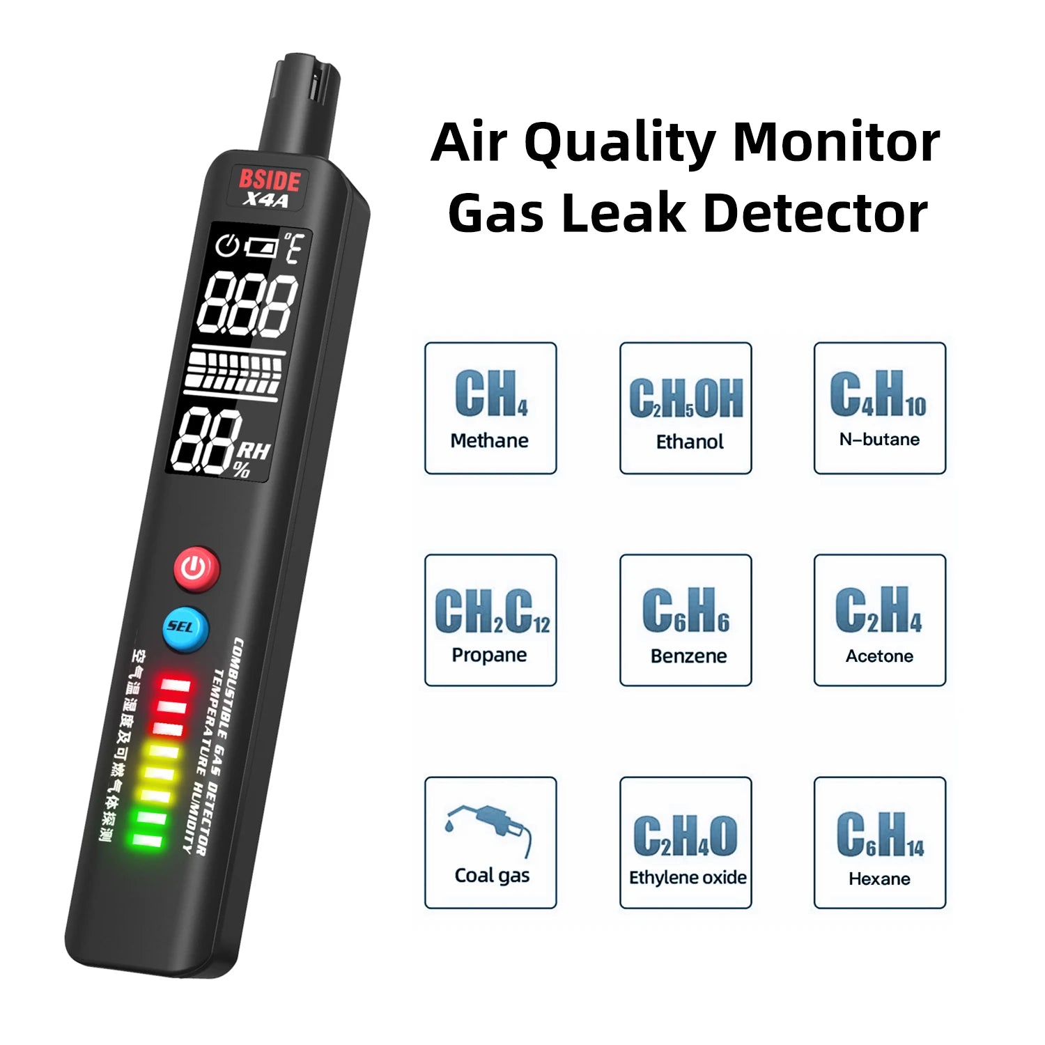 BSIDE X4A Gas Detector with Leak, Temp & Humidity Alarm
