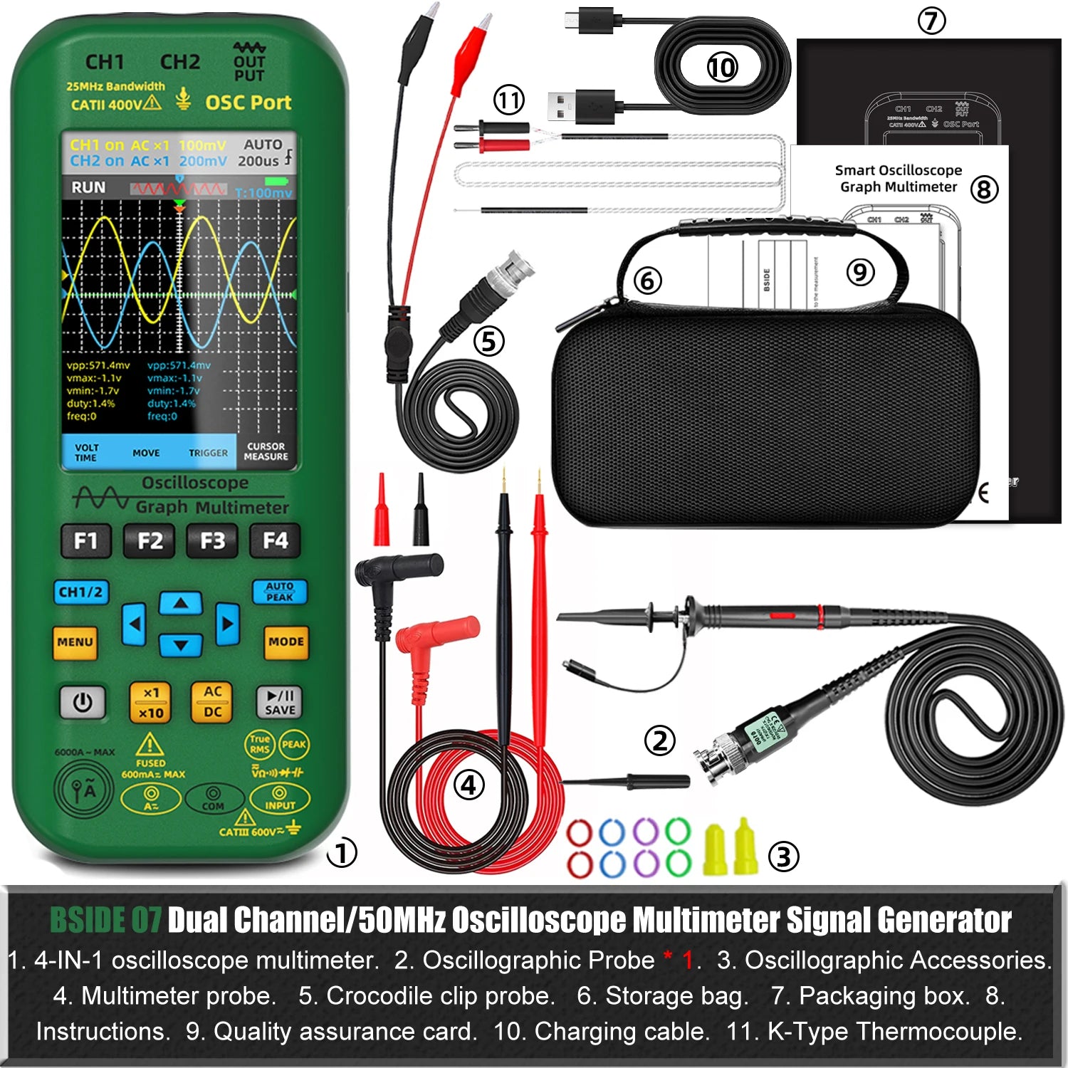 BSIDE 4-in-1 Oscilloscope Multimeter with Signal Generator