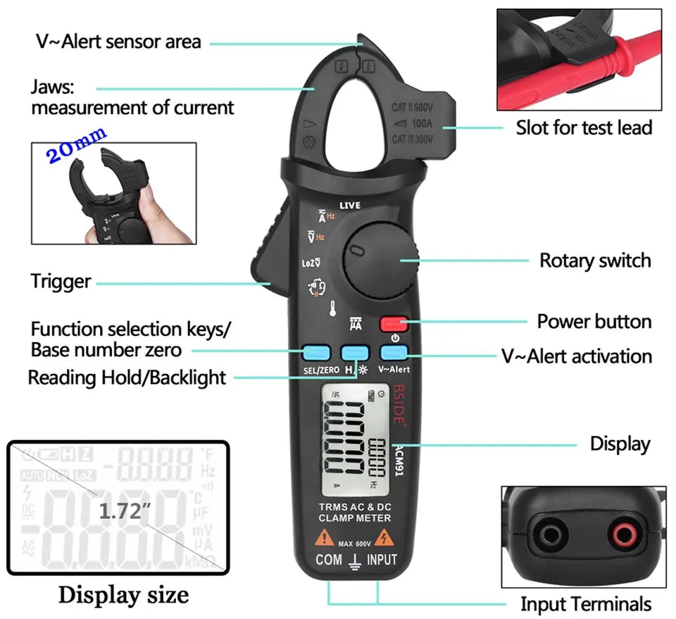 BSIDE Clamp Meter True RMS with 1mA Precision & Temp Test